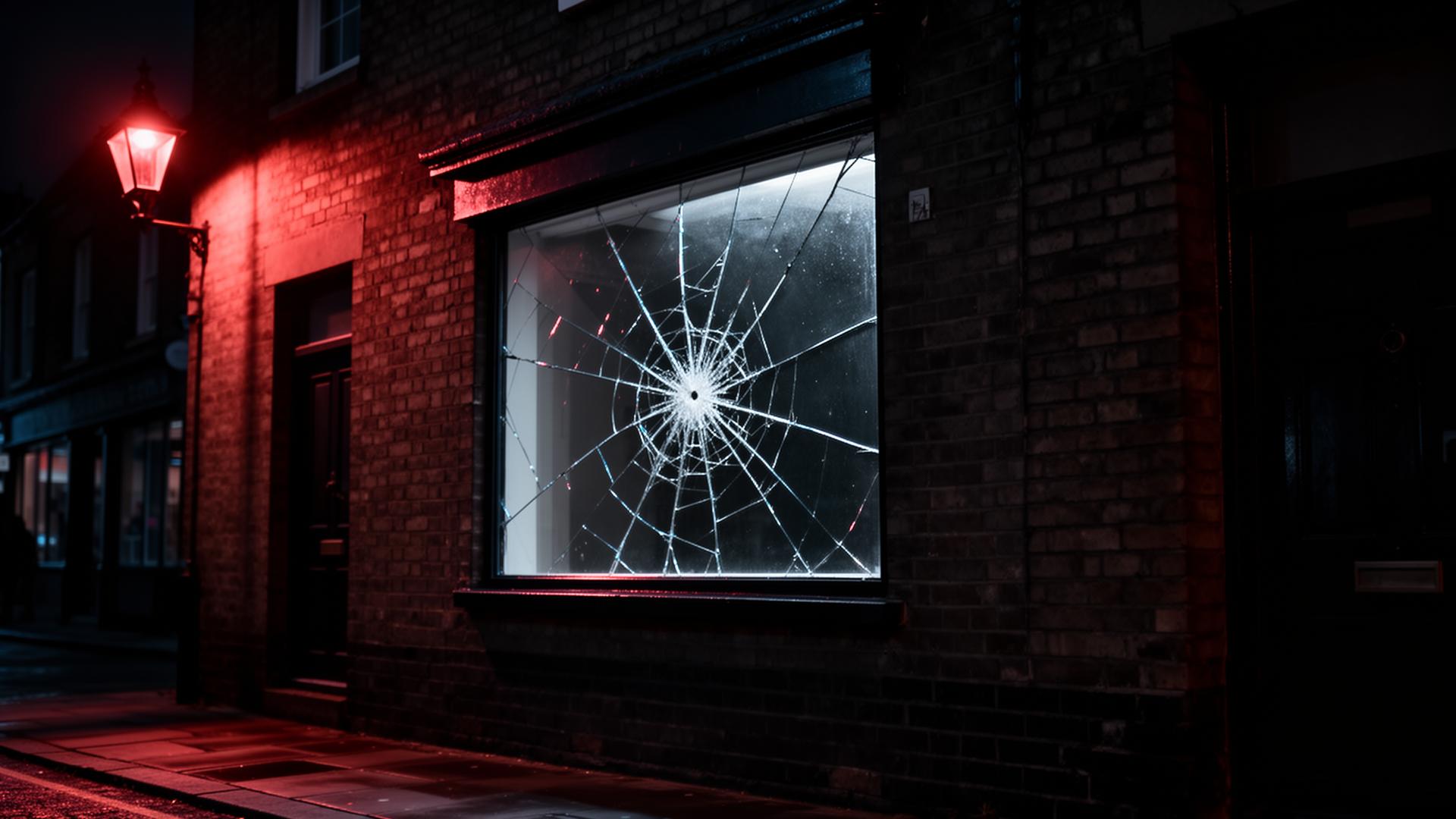 Damaged shopfront window at night