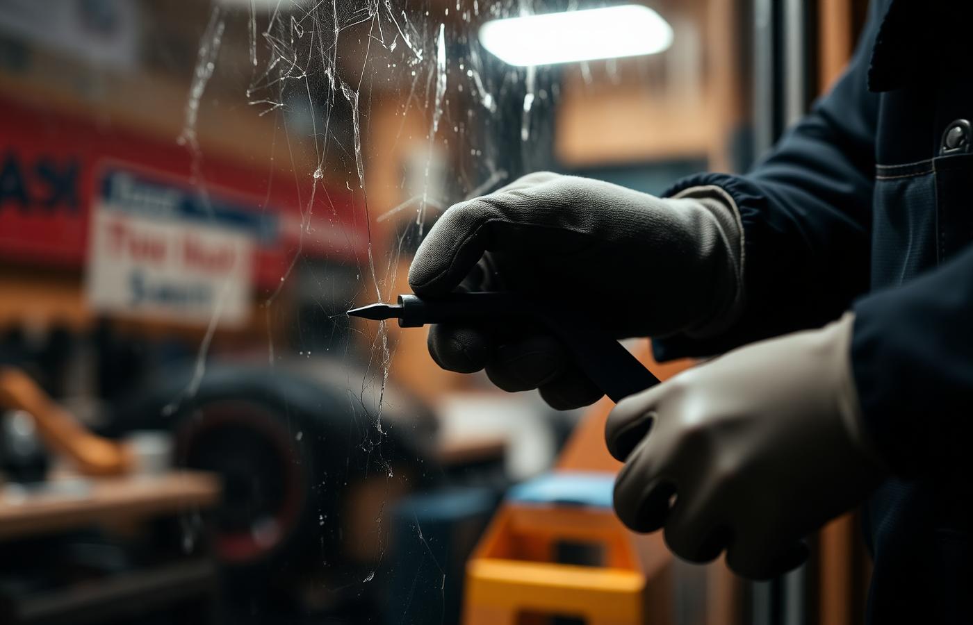 Tradesman repairing a damaged shopfront window